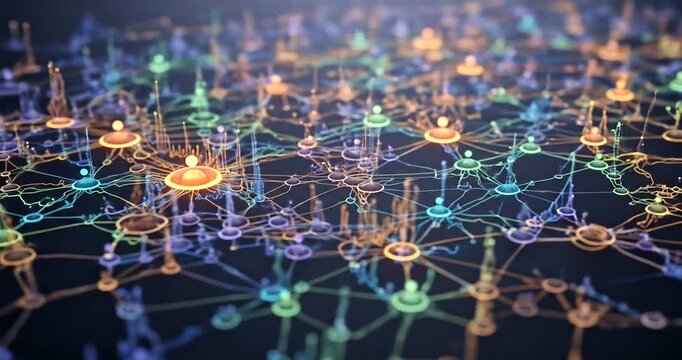 Abstract visualization of interconnected data nodes and networks