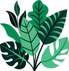 Vibrant illustration of lush green tropical jungle leaves and foliage in a stylized flat design with clean lines and varying shades of green