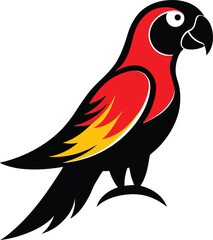 Vibrant cartoon illustration of a stylized red and black parrot with bright yellow accents on its wings standing on a white background