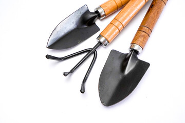 Mini Garden Tools with Wooden Handle on White Background
