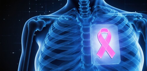 Futuristic holographic chest scan with pink ribbon symbol for breast cancer awareness