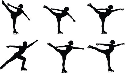 Figure skating silhouette vector set with six graceful poses, extended leg lifts, arm movements, balance, flexibility, and motion