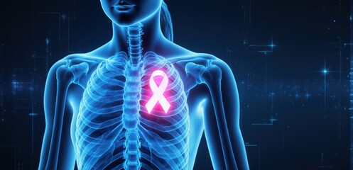Futuristic holographic chest scan with pink ribbon symbol for breast cancer awareness