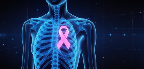 Futuristic holographic chest scan with pink ribbon symbol for breast cancer awareness