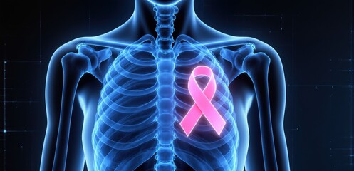 Futuristic holographic chest scan with pink ribbon symbol for breast cancer awareness