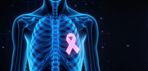 Futuristic holographic chest scan with pink ribbon symbol for breast cancer awareness
