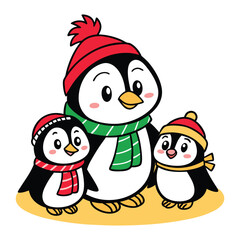 Adorable cartoon family of three penguins wearing festive winter hats and scarves celebrating the holiday season together with joy