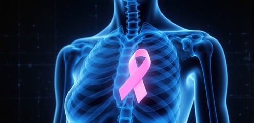 Futuristic holographic chest scan with pink ribbon symbol for breast cancer awareness