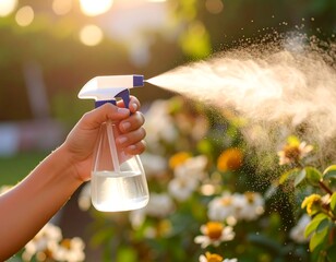 Hand holding a spray bottle, misting plants in a garden.  Sunlight filters through blurred greenery