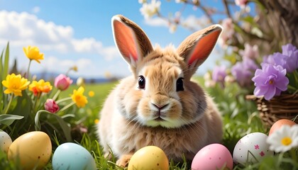 A cute bunny surrounded by colorful Easter eggs and flowers