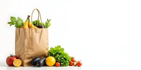 Fresh Harvest: A paper bag overflowing with fresh, vibrant produce sits beside a colorful display of fruits and vegetables, emphasizing the health and vitality of natural, wholesome eating.