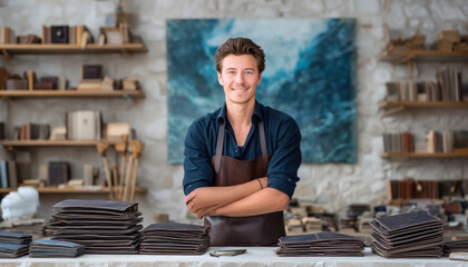 Small business owner in artisan leather shop smiling at camera while standing behind stacked leather goods and tools