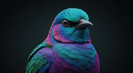 A vibrant bird with colorful plumage stands out against a dark, blurry background