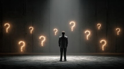 Obraz premium Man before blackboard with question marks and scribbles concept. A person stands in a spotlight surrounded by glowing question marks.