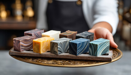 Artisan small business soap sample cubes displayed on wooden tray with marbled pattern and warm lighting