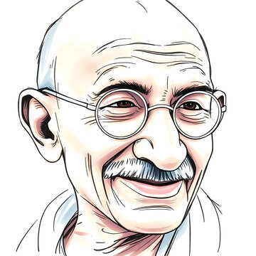 A close up portrait of Mohandas Karamchand Gandhi smiling with glasses