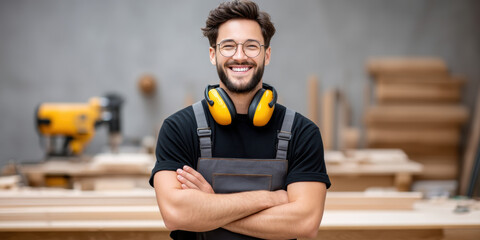 Young carpenter smiling in workshop with protective earmuffs small business craftsmanship cheerful confident