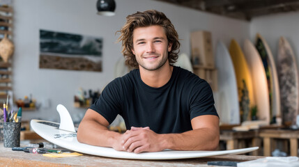 Young man smiling in surfboard workshop creating small business atmosphere with tools surfboard racks wood bench