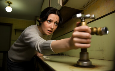 Woman holding a pipe fitting in a dimly lit room with a look of fear