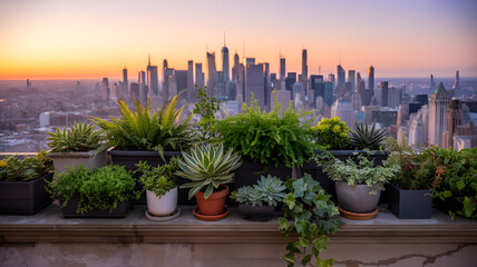 Rooftop garden with lush green plants overlooking a sprawling city skyline at sunset