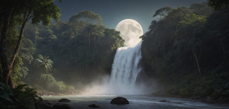 There is a large waterfall in the middle of forest with full moon elements design cartoonish layers colorful motion expression scene gesture style composition frame creative depth movement