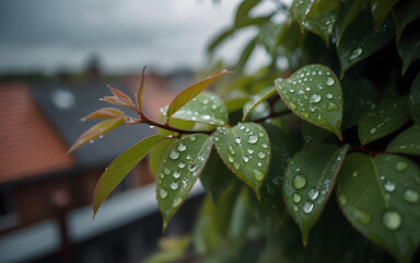 Close up of green leaves with water droplets after rain with blurred cityscape background