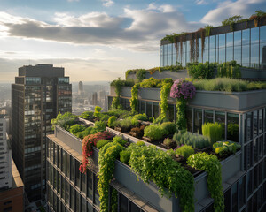 Modern building with lush green rooftop gardens and cascading plants in a city skyline