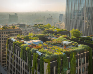 Modern city buildings with lush green rooftop gardens and vertical plants creating an urban oasis
