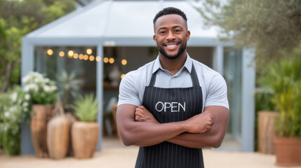 Friendly small business owner wearing apron with open sign standing outside cafe smiling confidently