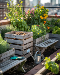 Lush urban rooftop garden with wooden crates and watering can in sunlight