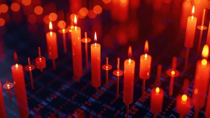 A multitude of glowing red candles in the dark.