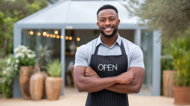 Friendly small business owner wearing apron with open sign standing outside cafe smiling confidently - Powered by Adobe