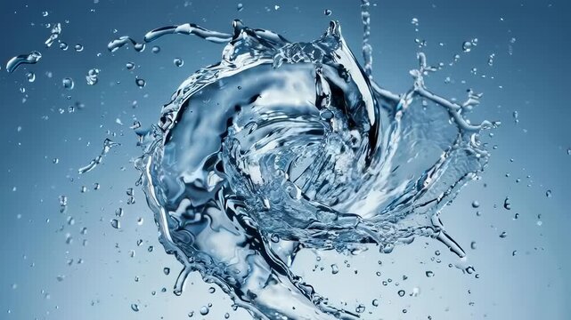 A dynamically captured abstract depiction of water in motion, creating swirling forms, droplets, and splash