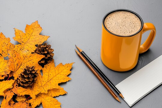 Autumn Coffee Still Life Yellow Mug, Fall Leaves and Art Supplies - Powered by Adobe