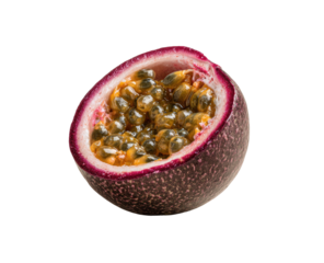 A halved passion fruit, seeds visible