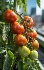 Ripe roma tomatoes growing on a vine with a blurred urban background