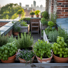 Urban rooftop garden with lush green plants and herbs in terracotta pots with city skyline in background