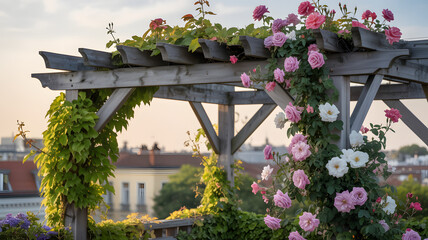 Beautiful wooden pergola covered in lush green vines and blooming pink and white roses at sunset
