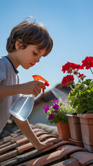 Young boy watering red and purple flowers in terracotta pots on a tiled roof under a blue sky