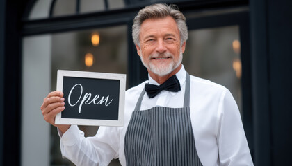 Friendly small business owner holding open sign smiling in front of storefront