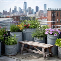 Rooftop garden with city skyline view and rustic wooden bench