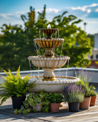 Elegant tiered stone fountain surrounded by potted plants on a rooftop terrace with green trees in the background
