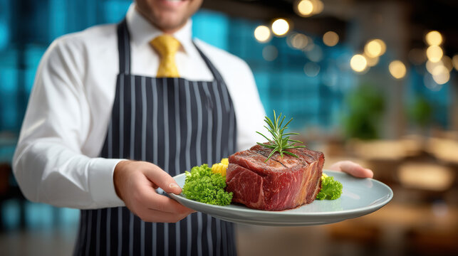 Small business waiter serving plated steak with herb garnish and side salad in upscale restaurant warm atmosphere