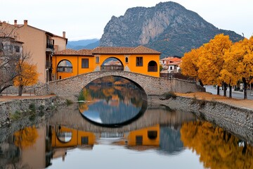 Autumn Reflection Stone Arch Bridge Over Calm River with Golden Trees and Mountain Background