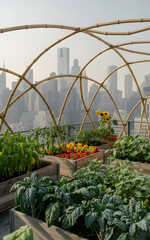 Urban rooftop garden with lush green plants and vegetables growing under a protective netting structure with city skyline in the background
