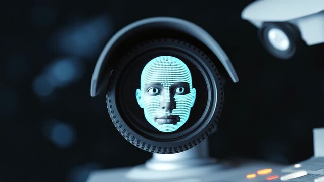 Cybernetic Vision: A futuristic concept showcasing a sleek cybernetic face, integrated within a mechanical wheel, representing the cutting edge of technology and artificial intelligence.