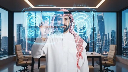A man in traditional attire interacts with a futuristic holographic interface in a modern office - Powered by Adobe