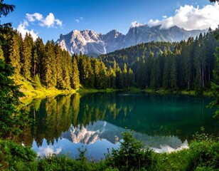 Mountain lake reflects a pine forest and peaks