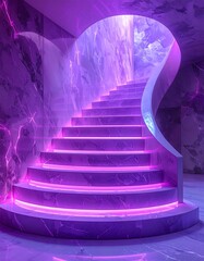 Futuristic staircase with glowing purple lights