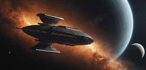 There is a spaceship that flying in front of planet frame style elements motion gesture expression movement backgrounds design cartoonish layers colorful emotion depth composition figure